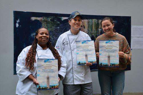 3 members of the Food Recovery Team displays their CACS Sustainability Awards