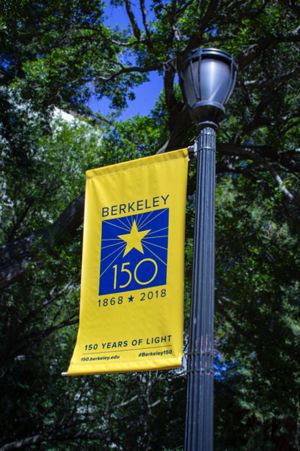 photo of banner reading, "Berkeley 150 years"