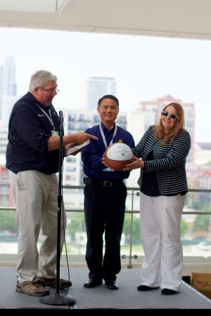 Lin King, Recycling and Refuse Manager and Katherine Walsh, Director, Student Environmental Resource Center accept the award.